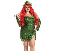 Costume da donna deluxe verde edera per Halloween, cosplay, senza spalline, tubo, abito aderente con foglie finte, vestito con paillettes, guanti + set copricapo (A-verde, S)