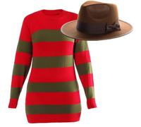 Costume da donna Dream Killer a righe con maglione e cappello, costume horror di Halloween, ispirato al film spaventoso, per donne, feste spettrali e cosplay