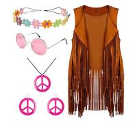 Costume da donna hippie Carnevale di Halloween abiti da discoteca, accessori hippie, costumi da donna 5 pezzi, accessori hippie, abiti da discoteca, dettagli con frange per Halloween, ann