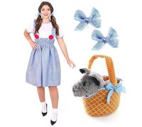 Costume da donna Kansas Girl con cane e cestino, vestito a quadretti blu e bianco con t-shirt bianca, lacci per capelli abbinati e morbido cestino blu con giocattolo grigio per cani, perfetto per la