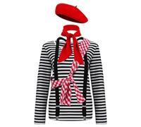 Costume da donna Maelle per cosplay, t-shirt a righe bianche e nere con berretto rosso, sciarpa, tracolla, bretelle, clip, outfit per Halloween, cosplay, avventura (nero bianco, XXL)