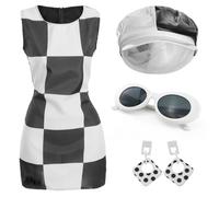 Costume da donna mod anni '60, vestito bianco e nero con cappello, occhiali e orecchini abbinati, perfetto per feste in maschera retrò