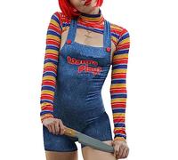 Costume da donna per Halloween, 2 pezzi, bambola spaventosa assassina da incubo che vuole giocare al personaggio del film, body Chucky, set per cosplay (blu, M)