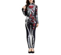 Costume da donna per Halloween, con stampa scheletro, tuta per cosplay