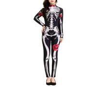 Costume da donna per Halloween, con stampa scheletro, tuta per cosplay