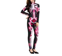 Costume da donna per Halloween, con stampa scheletro, tuta per cosplay