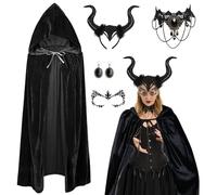 Costume da donna per Halloween, costume da diavolo, da donna, include 170 cm, mantello con cappuccio, fascia in pizzo, adesivo per il viso, per carnevale, cosplay, per donne e ragazze