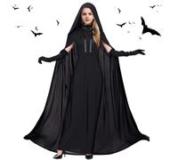 Costume da donna per Halloween, sposa fantasma regina nera, cattiva regina, mantello da sera con cappuccio, horror, lungo, vestito da vampiro, vestito da strega, vestito nero per Halloween, carnevale