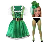 Costume da donna per San Patrizio, costume irlandese con stampa trifoglio, collant a rete verdi e mini cappello a cilindro verde, festa di San Paddy e abbigliamento da festa per adulti