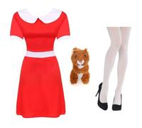 Costume da donna Spoilt Gold con scoiattolo di peluche, vestito rosso con colletto e polsini bianchi, collant bianchi tinta unita, per la Giornata mondiale del libro