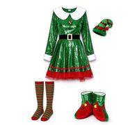 Costume da elfa di Natale da donna in 5 pezzi con abito, cintura, calze, cappello e scarpe, modello a maniche lunghe, completo per cosplay, feste natalizie e carnevale.