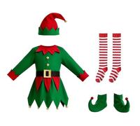 Costume da elfa di Natale per bambina in 4 pezzi con gonna, calzini, scarpe e cappello a punta, costume da aiutante di Babbo Natale per donna con gonna, modello rosso e verde con orlo a zigzag.