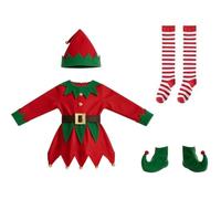Costume da elfa di Natale per bambina in 4 pezzi con gonna, calzini, scarpe e cappello a punta, modello rosso e verde con orlo a zigzag, costume da aiutante di Babbo Natale per donna con gonna.