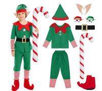 Costume da Elfo Natalizio per Bambini, Vestito da Elfo di Babbo Natale Ragazzi, Vestito Folletto Bambino con Orecchie Elfos, Bastone da Passeggio e Campanelli, Travestimento da Elfos per Natale (150)