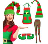 Costume da elfo per donne, 4 pezzi/costume natalizio comprende un grembiule di Natale, scarpe elf, cappello e calze a strisce, accessori per costumi per feste per donne