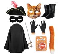 Costume da eroe bandito per bambini, per ragazzi e ragazze, include mantello nero, cappello piumato, maschera di carta, copriscarpe, spada e coda, per la Giornata mondiale del libro, Halloween