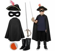 Costume da eroe bandito per bambini, per ragazzi e ragazze, include mantello nero, cappello piumato, maschera, copriscarpe e spada, per la Giornata mondiale del libro, Halloween, costume per bambini