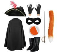 Costume da eroe bandito per bambini, per ragazzi e ragazze, include mantello nero, cappello piumato, maschera, copriscarpe, spada e coda, per Halloween, per bambini