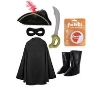 Costume da eroe bandito per bambini, per ragazzi e ragazze, include mantello nero, cappello piumato, maschera, copriscarpe e spada gonfiabile, per Halloween, per bambini