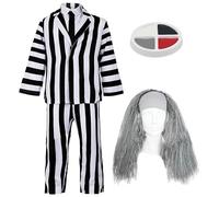 Costume da fantasma pazzo per bambini, taglia M, vestito a righe bianche e nere, cravatta nera, parrucca grigia, costume di Halloween per bambini