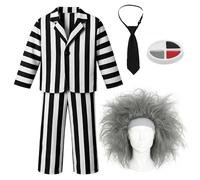 Costume da fantasma pazzo per bambini, taglia XL, vestito a righe bianche e nere, cravatta nera, parrucca grigia, dolcetto o scherzetto per bambini costume di Halloween