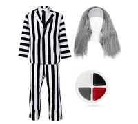 Costume da fantasma pazzo per Halloween, per adulti, taglia XXL, vestito a righe bianche e nere, cravatta nera, parrucca grigia, pittura facciale, costume da uomo per film TV anni '80, costume di