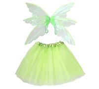 Costume da fata da donna, gonna in tulle a 6 strati e ali di farfalla, vestito da principessa elfa, per carnevale o feste fantasy (colore verde chiaro, per adulti, 40 cm, fata delle farfalle)
