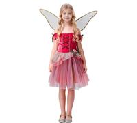 Costume da fata per ragazze, vestito da fata, set con ala da elfo, gonna in tulle soffice con decorazione floreale, per feste di Halloween e carnevale (rosso, 10T-11T)