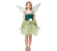 Costume da fata per ragazze, vestito da fata, set con ala da elfo, gonna in tulle soffice con decorazione floreale, per feste di Halloween e carnevale (verde, 10T-11T)