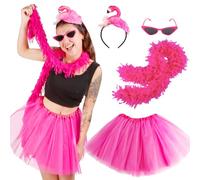 Costume da Fenicottero Rosa, Donna Gonna in tulle set 4 Costumi per Carnevale con Gonna Tutù Fascia per Capelli con Fenicottero Boa di Piume Occhiali da Sole Feste a Tema Accessori San Valentino