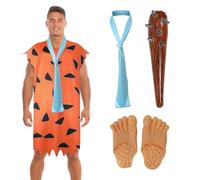 Costume da Fred Flintstone per adulti e uomini, 4 pezzi, abiti per cosplay da uomo delle caverne, con copertura per i piedi, cravatta gonfiabile con bastone da club (M)