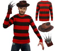 Costume da Freddy per adulti, 3 pezzi, maglione, cappello, artiglio, guanto, spaventoso, horror, krueger, set di abbigliamento per Halloween, cosplay, costume per uomo e donna
