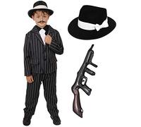 Costume da gangster anni '20 per bambini - completo gessato nero + cravatta bianca + cappello nero trilby + pistola gonfiabile - ragazzi (7-9 anni)