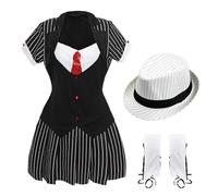 Costume da gangster da donna con cappello trilby, cappello trilby bianco, abito gessato nero, camicia bianca, cravatta con paillettes rosse e copriscarpe, perfetto per travestimenti anni '20, eventi