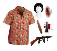 Costume da gangster di Miami da uomo, camicia hawaiana rossa, parrucca, sangue finto, cicatrice da taglio, sigaro puntello e mitragliatrice gonfiabile, costume per Halloween per adulti, taglia S