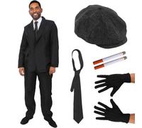 Costume da gangster Peaky per adulti, taglia L, con tuta, bretelle, cravatta, berretto piatto nero, guanti, sigarette finte, costume da uomo per film TV, dolcetto o scherzetto di Halloween