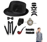 Costume da gangster per bambini, costume degli anni '20 include cappello Fedora, cravatta, fiocco, bretella, orologio da tasca e altro, materiale per bambini per balli studenteschi, feste, travest