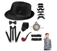 Costume da gangster per bambini, set di costumi degli anni '20 comprende cappello Fedora, cravatta, fiocco, bretella, orologio da tasca per ballo di fine anno, festa, travestimento, cappelli Fedora