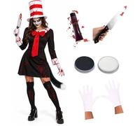 Costume da gatto assassino da donna, 7 pezzi, con coltello finto sangue | Set da 7 pezzi, abito nero gotico, cappello a righe, sangue finto e puntello coltello, taglie dalla S alla XXL