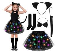 Costume da Gatto Luminoso Bambina, Set Costume da Gattina Nera Bambina, 5 Pezzi con Gonna LED, Orecchie, Coda, Cravatta e Mantello, per Halloween, Carnevale e Feste a Tema (Nero-B)