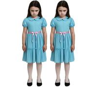Costume da gemelle stregate da bambina, taglia M e L, 2 abiti blu con maniche a sbuffo e cintura in nastro rosa, coppia di ragazze per film TV, dolcetto o scherzetto spaventoso, costume per Halloween