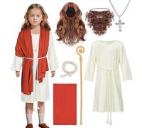 Costume da Gesù Bambino Cristo Santo Abito rosso e bianco Halloween Ragazzi Ragazze Parrucca Sciarpa Scialle Vita Natale Giorno della lettura Pasqua Divertente Costume da festa (rosso bianco, XL)