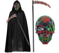Costume da Grim Reaper Adulto: Halloween Costume da Morte Mietitore Set da 3 Pezzi - con Mantello Nero Cappuccio con Falce, Copertura per il Viso Teschio,per Cosplay, Carnevale e Feste