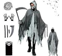 Costume da Grim Reaper,Costume da Mietitore per Adulto,con Cappuccio Maschera da scheletro, guanti da scheletro,catena,Falce da Tristo Mietitore,per Halloween,Mascherata, Carnevale,Cosplay (Grigio)