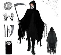 Costume da Grim Reaper,Costume da Mietitore per Adulto,con Cappuccio Maschera da scheletro, guanti da scheletro,catena,Falce da Tristo Mietitore,per Halloween,Mascherata, Carnevale,Cosplay (Nero)