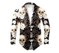 Costume da Halloween, da uomo, con motivo a schizzi di sangue, con bottoni, vestibilità normale, per feste, maglietta divertente con teschio, camicia a maniche lunghe, 01 marrone, 3XL