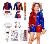 Costume da Harley per bambini, costume da Halloween per bambini, set da 11 pezzi, costume da carnevale per bambini, costume da cosplay, costume da clown, per carnevale, Halloween (120 cm/130 cm/140 cm