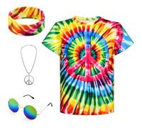Costume da hippie da ragazzo 60 S anni '70 colorata, set di 4 accessori per bambini, blu/rosso, 9-10 Jahre