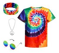 Costume da hippie da ragazzo 60 S anni '70 colorata, set di 4 accessori per bambini, Colore arcobaleno, 9-10 Jahre