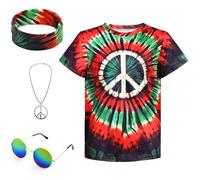 Costume da hippie da ragazzo 60 S anni '70 colorata, set di 4 accessori per bambini, nero/verde, 11-12 Jahre